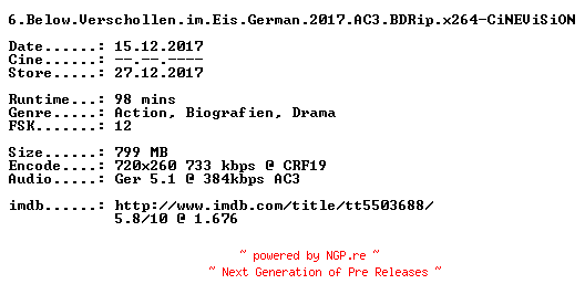 NFO for the release 6.Below.Verschollen.im.Eis.German.2017.AC3.BDRip.x264-CiNEViSiON by CiNEViSiON
