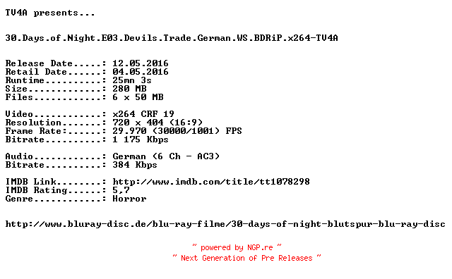 NFO for the release 30.Days.of.Night.E03.Devils.Trade.German.WS.BDRiP.x264-TV4A by TV4A