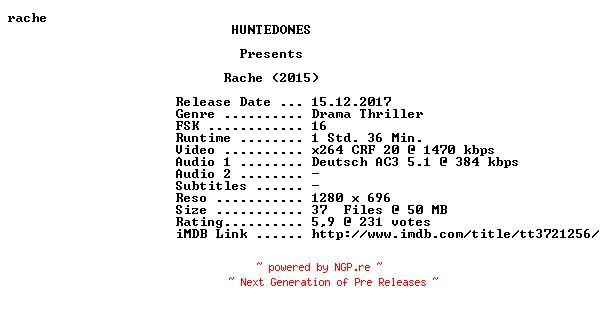 NFO for the release Rache.2015.German.720p.BluRay.x264-HUNTEDONES by HUNTEDONES