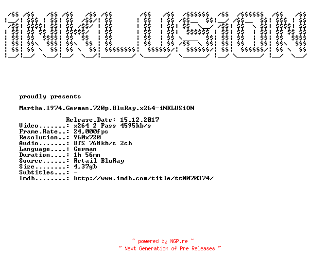 NFO for the release Martha.1974.German.720p.BluRay.x264-iNKLUSiON by iNKLUSiON