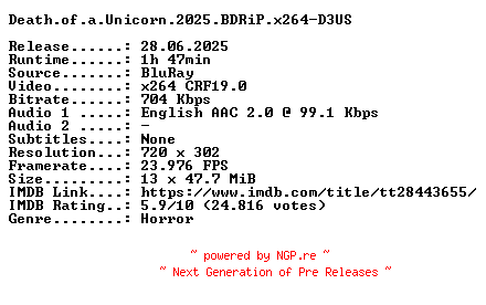 NFO for the release Death.of.a.Unicorn.2025.BDRiP.x264-D3US by D3US