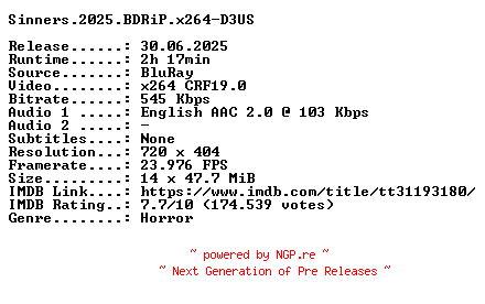 NFO for the release Sinners.2025.BDRiP.x264-D3US by D3US