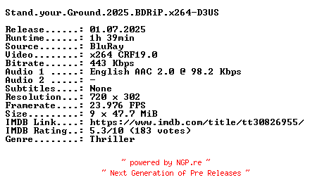 NFO for the release Stand.your.Ground.2025.BDRiP.x264-D3US by D3US
