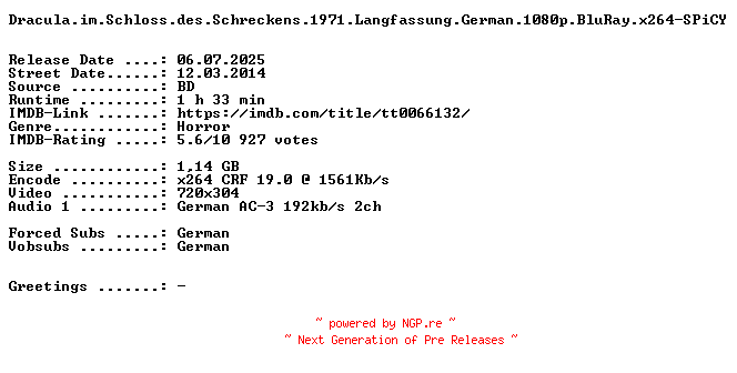 NFO for the release Dracula.im.Schloss.des.Schreckens.German.1971.US.Fassung.AC3.BDRip.x264-SPiCY by SPiCY