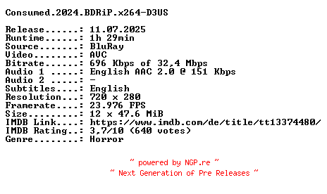 NFO for the release Consumed.2024.BDRiP.x264-D3US by D3US
