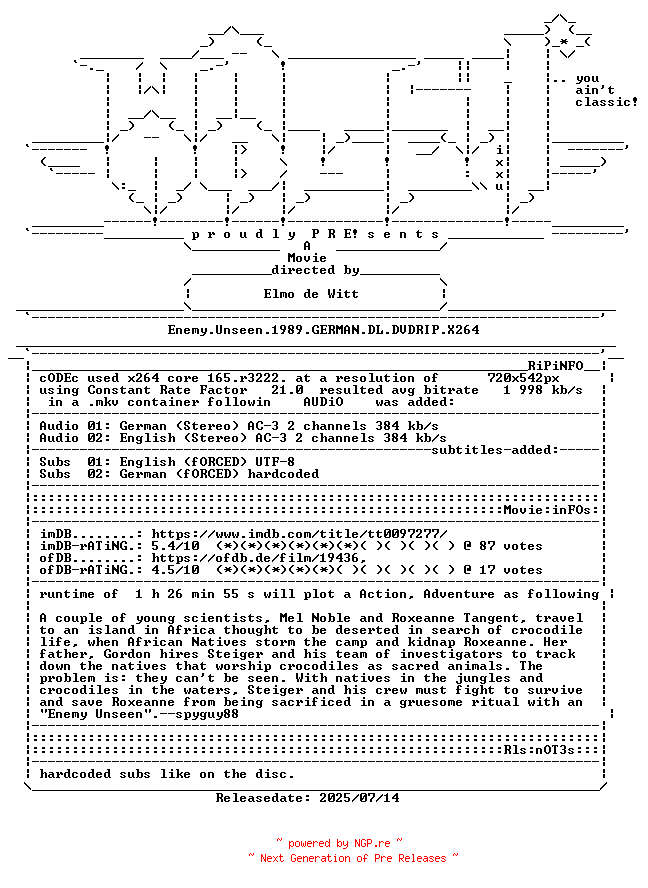 NFO for the release Enemy.Unseen.1989.GERMAN.DL.DVDRIP.X264-WATCHABLE by WATCHABLE