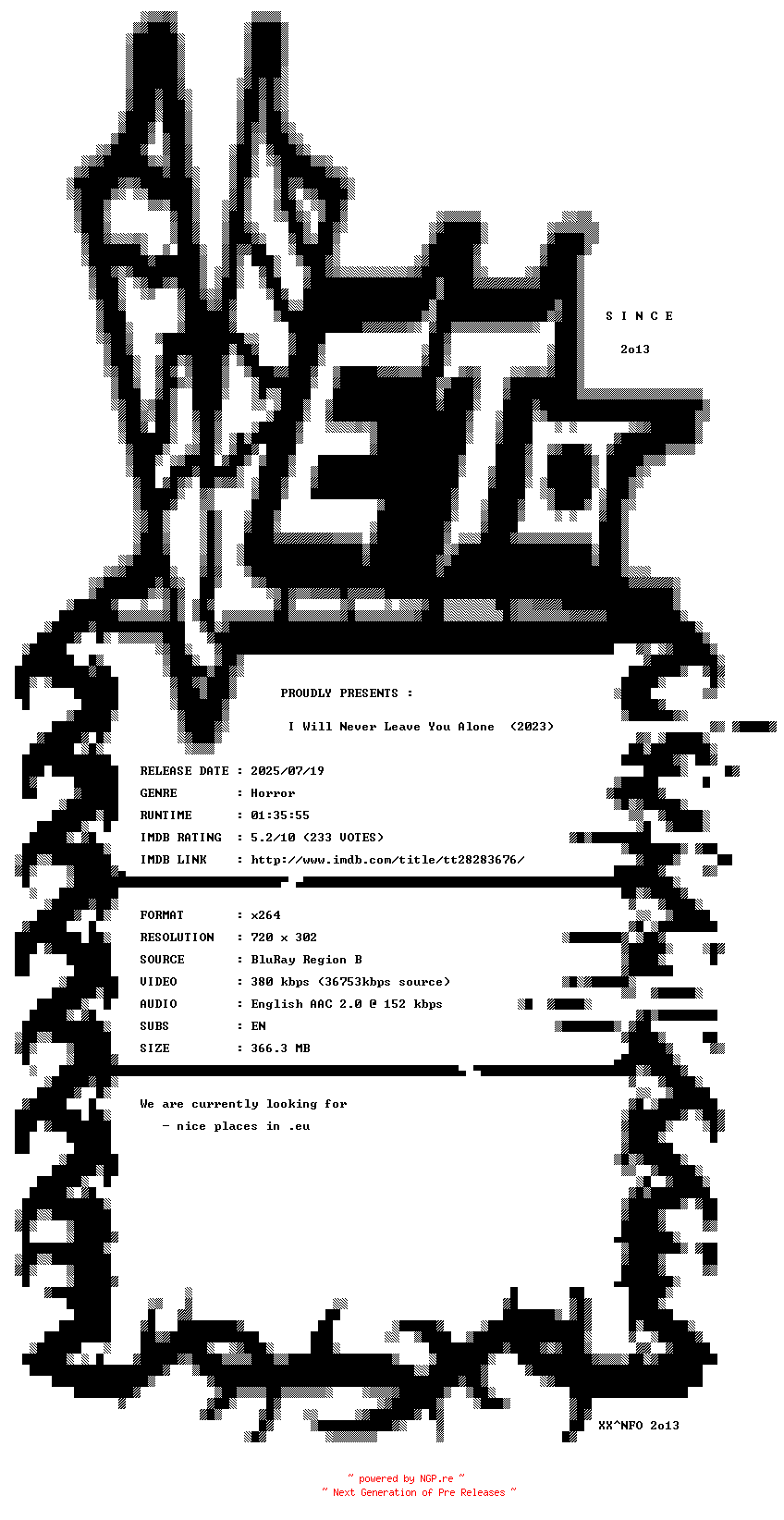NFO for the release I.Will.Never.Leave.You.Alone.2023.BDRip.x264-VETO by VETO