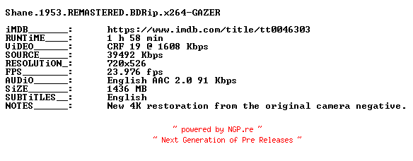 NFO for the release Shane.1953.REMASTERED.BDRip.x264-GAZER by GAZER