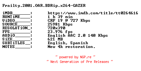 NFO for the release Frailty.2001.OAR.BDRip.x264-GAZER by GAZER