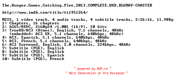 NFO for the release The.Hunger.Games.Catching.Fire.2013.COMPLETE.UHD.BLURAY-COASTER by COASTER