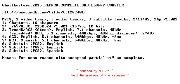 NFO for the release Ghostbusters.2016.REPACK.COMPLETE.UHD.BLURAY-COASTER by COASTER