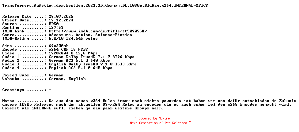 NFO for the release Transformers.Aufstieg.der.Bestien.2023.3D.German.DL.1080p.BluRay.x264.iNTERNAL-SPiCY by SPiCY