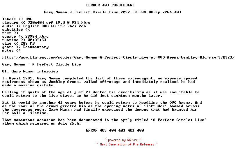 NFO for the release Gary.Numan.A.Perfect.Circle.Live.2022.EXTRAS.BDRip.x264-403 by 403
