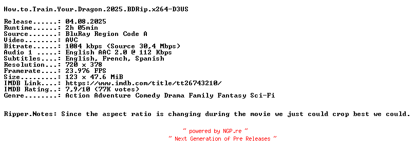 NFO for the release How.to.Train.Your.Dragon.2025.BDRip.x264-D3US by D3US