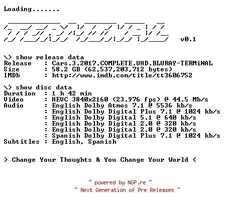 NFO for the release Cars.3.2017.COMPLETE.UHD.BLURAY-TERMiNAL by TERMiNAL