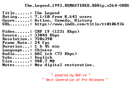 NFO for the release The.Legend.1993.REMASTERED.BDRip.x264-ORBS by ORBS