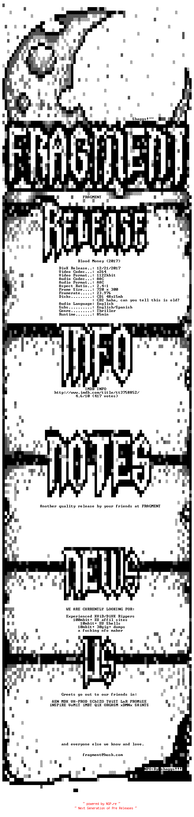 NFO for the release Blood.Money.2017.BDRip.x264-FRAGMENT by FRAGMENT