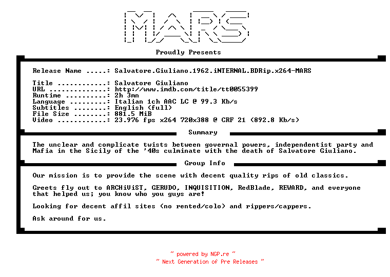 NFO for the release Salvatore.Giuliano.1962.iNTERNAL.BDRip.x264-MARS by MARS
