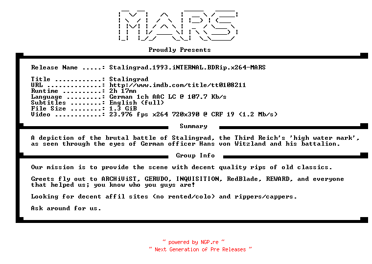 NFO for the release Stalingrad.1993.iNTERNAL.BDRip.x264-MARS by MARS
