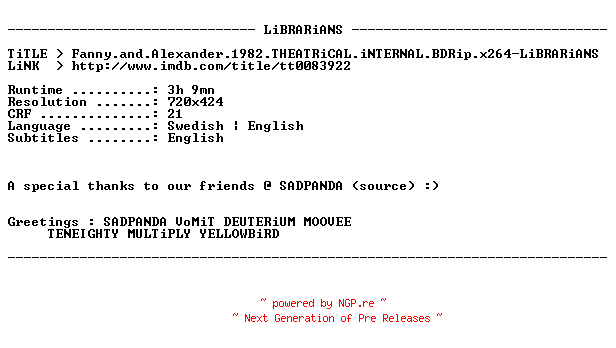 NFO for the release Fanny.and.Alexander.1982.THEATRiCAL.iNTERNAL.BDRip.x264-LiBRARiANS by LiBRARiANS