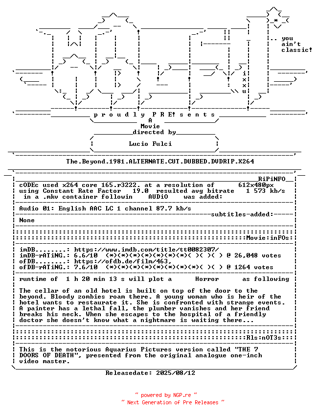 NFO for the release The.Beyond.1981.ALTERNATE.CUT.DUBBED.DVDRIP.X264-WATCHABLE by WATCHABLE