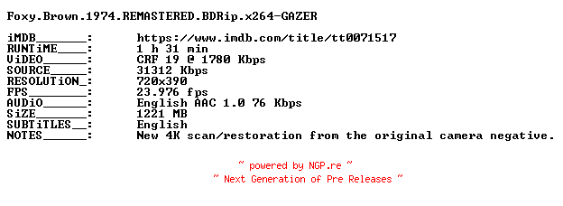 NFO for the release Foxy.Brown.1974.REMASTERED.BDRip.x264-GAZER by GAZER