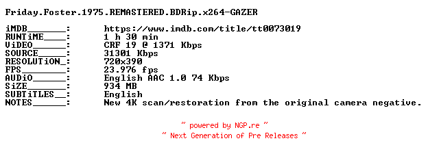 NFO for the release Friday.Foster.1975.REMASTERED.BDRip.x264-GAZER by GAZER