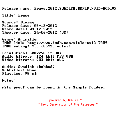 NFO for the release Brave.2012.SWEDiSH.BDRiP.XViD-RCDiVX by RCDiVX