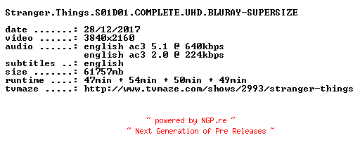 NFO for the release Stranger.Things.S01D01.COMPLETE.UHD.BLURAY-SUPERSIZE by SUPERSIZE