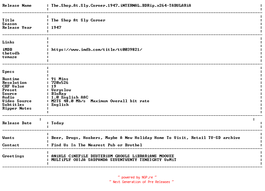 NFO for the release The.Shop.At.Sly.Corner.1947.iNTERNAL.BDRip.x264-TABULARiA by TABULARiA