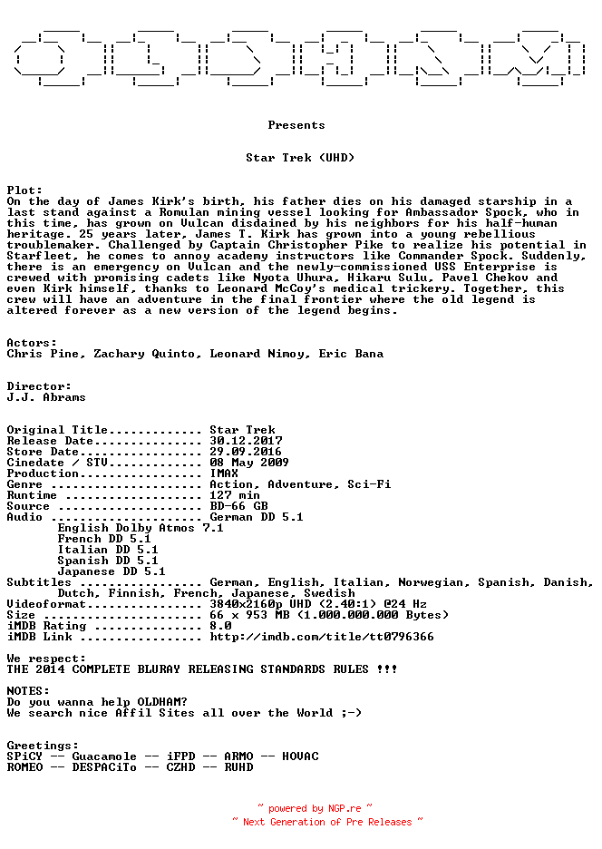 NFO for the release Star.Trek.2009.MULTi.COMPLETE.UHD.BLURAY-OLDHAM by OLDHAM