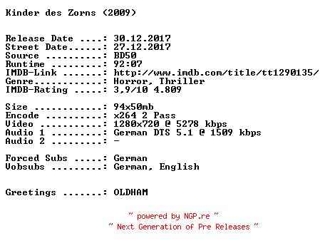 NFO for the release Kinder.des.Zorns.2009.German.720p.BluRay.x264-SPiCY by SPiCY