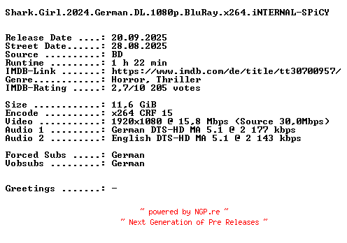 NFO for the release Shark.Girl.2024.German.DL.1080p.BluRay.x264.iNTERNAL-SPiCY by SPiCY