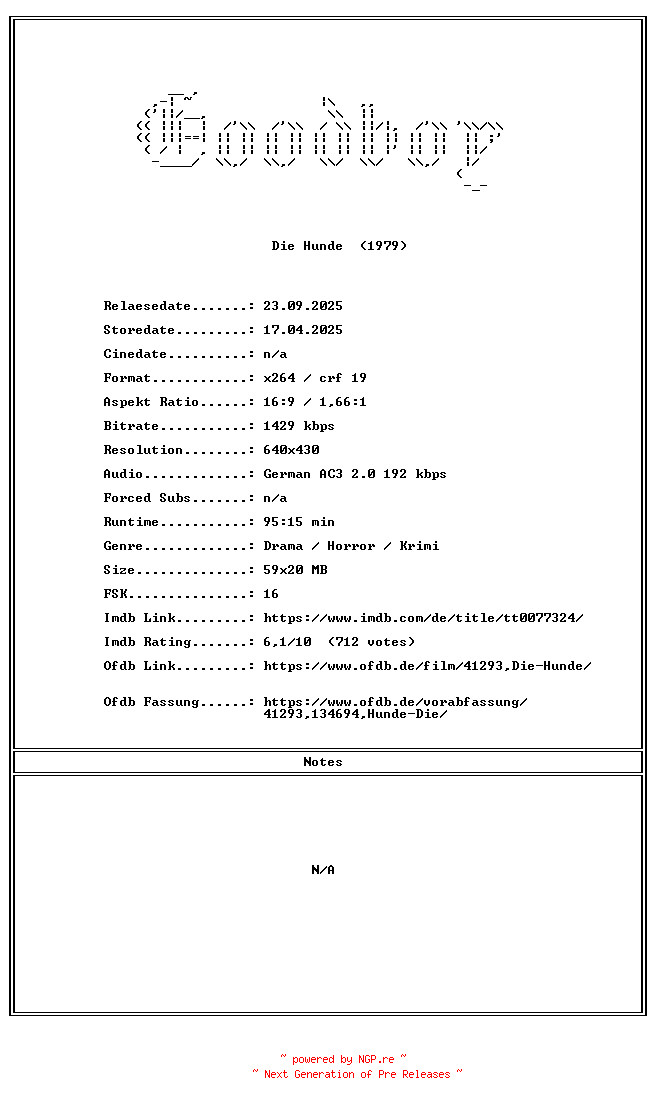 NFO for the release Die.Hunde.GERMAN.1979.AC3.DVDRiP.x264-Goodboy by Goodboy