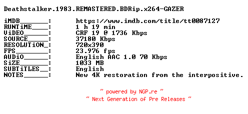 NFO for the release Deathstalker.1983.REMASTERED.BDRip.x264-GAZER by GAZER