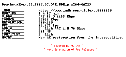 NFO for the release Deathstalker.II.1987.DC.OAR.BDRip.x264-GAZER by GAZER