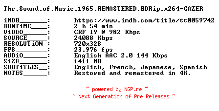 NFO for the release The.Sound.of.Music.1965.REMASTERED.BDRip.x264-GAZER by GAZER