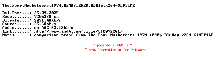 NFO for the release The.Four.Musketeers.1974.REMASTERED.BDRip.x264-OLDTiME by OLDTiME