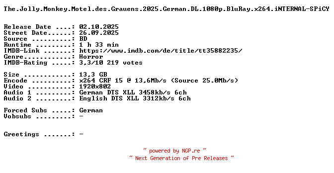 NFO for the release The.Jolly.Monkey.Motel.des.Grauens.2025.German.DL.1080p.BluRay.x264.iNTERNAL-SPiCY by SPiCY