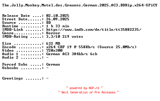 NFO for the release The.Jolly.Monkey.Motel.des.Grauens.German.2025.AC3.BDRip.x264-SPiCY by SPiCY