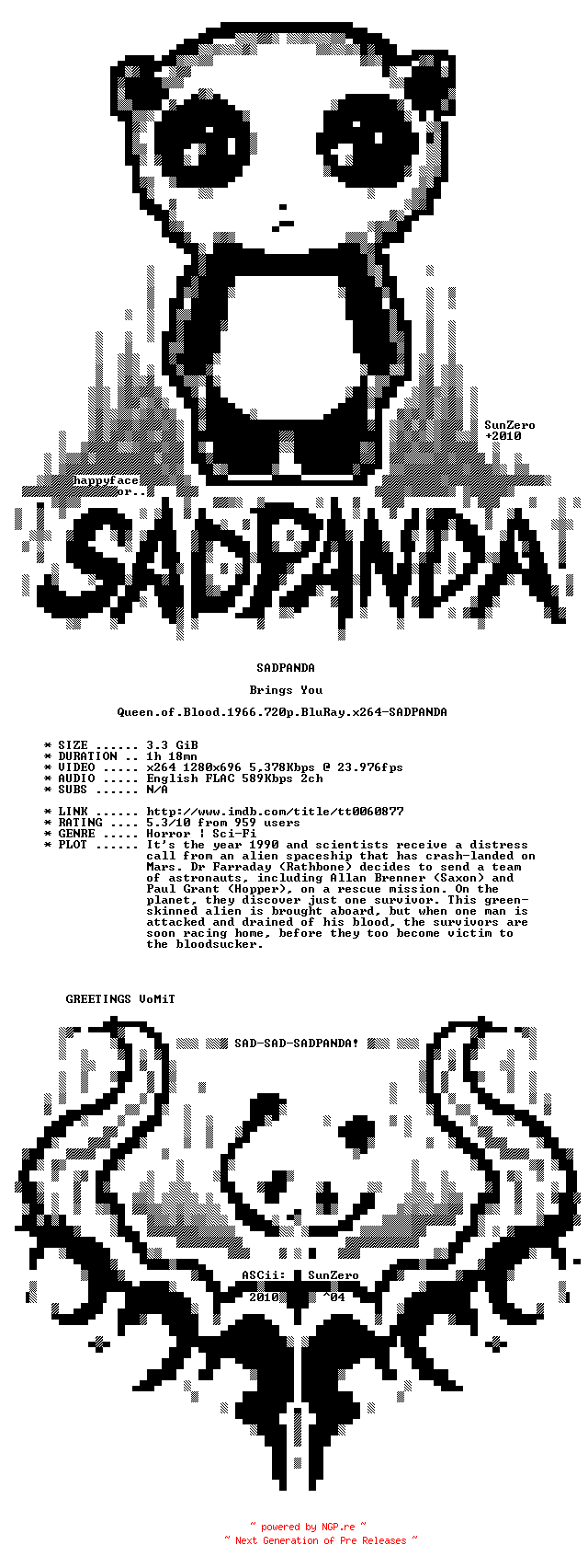 NFO for the release Queen.of.Blood.1966.720p.BluRay.x264-SADPANDA by SADPANDA