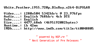 NFO for the release White.Feather.1955.720p.BluRay.x264-BiPOLAR by BiPOLAR