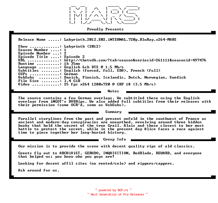 NFO for the release Labyrinth.2012.E02.iNTERNAL.720p.BluRay.x264-MARS by MARS