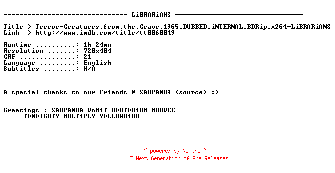 NFO for the release Terror-Creatures.from.the.Grave.1965.DUBBED.iNTERNAL.BDRip.x264-LiBRARiANS by LiBRARiANS