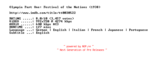 NFO for the release Olympia.Part.One.Festival.of.the.Nations.1938.720p.BluRay.x264-SUMMERX by SUMMERX