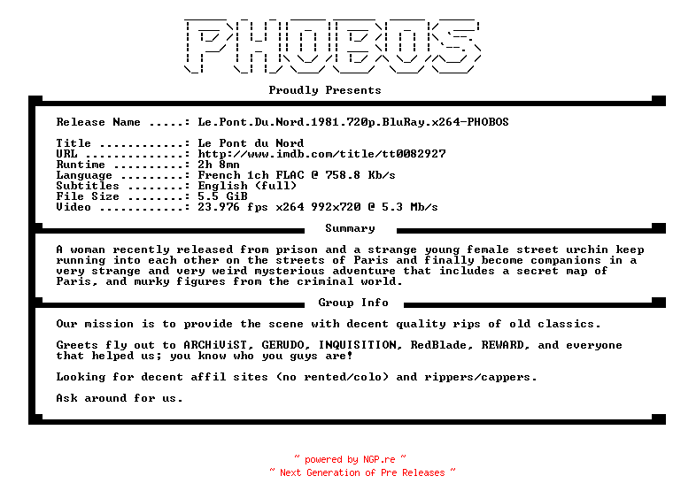 NFO for the release Le.Pont.Du.Nord.1981.720p.BluRay.x264-PHOBOS by PHOBOS