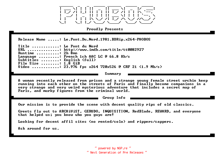 NFO for the release Le.Pont.Du.Nord.1981.BDRip.x264-PHOBOS by PHOBOS