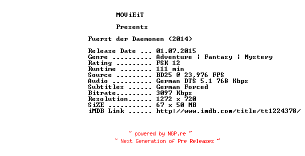 NFO for the release Fuerst.der.Daemonen.2014.German.720p.BluRay.x264-MOViEiT by MOViEiT