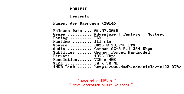 NFO for the release Fuerst.der.Daemonen.GERMAN.2014.AC3.BDRip.x264-MOViEiT by MOViEiT