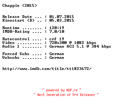 NFO for the release Chappie.German.2015.AC3.BDRiP.x264-EXQUiSiTE by EXQUiSiTE